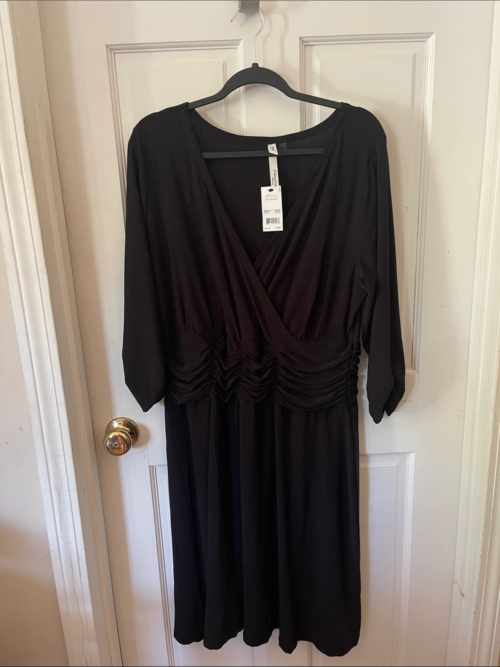 Black Surplice Long-Sleeve Ruched Waist Dress